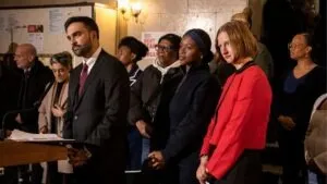 Mayor Zohran Mamdani visits a rent stabilized apartment building in Brooklyn to discuss his new administrations appointments and policies on Thursday Jan. 1 2026. Mamdani signed an executive or