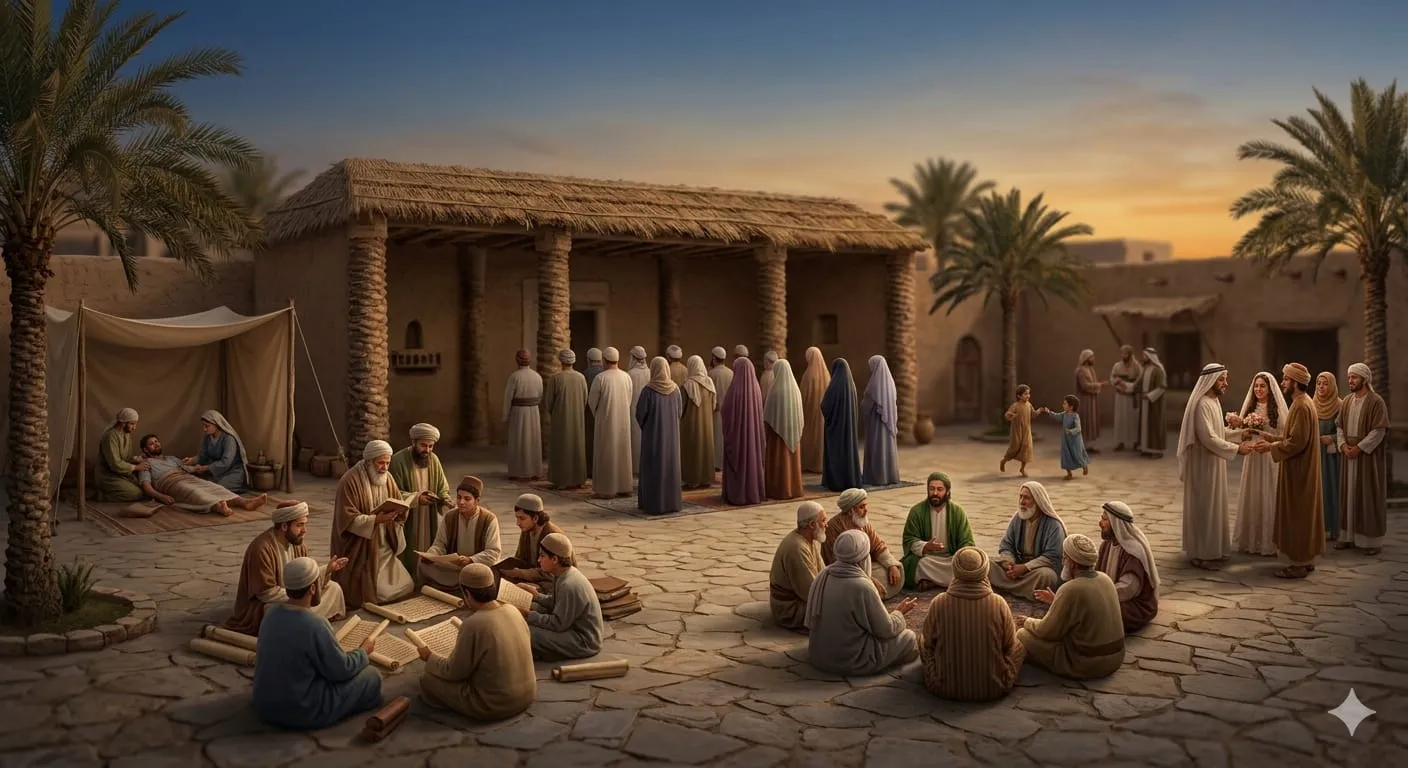 Role of Masjid in Prophet Muhammad (SM) era showing education, health, and social hub activities