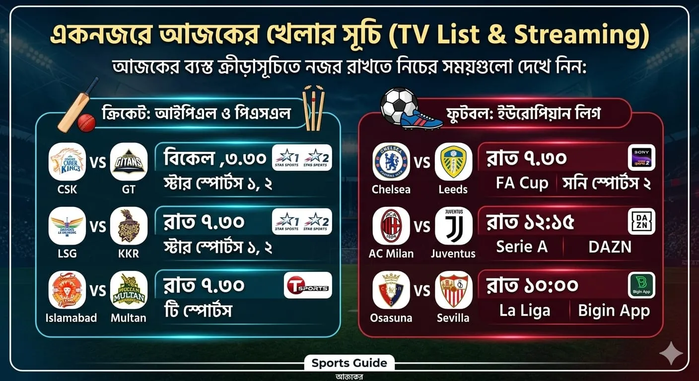 IPL 2026 match schedule and European football league updates featuring CSK vs GT, KKR vs LSG, and AC Milan vs Juventus with TV channel details